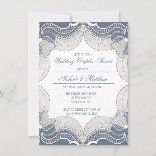 Invitation Dentelle Élégante Sur Mariage bleu Couples Douche (Devant)