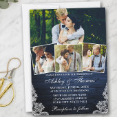 Invitation Dentelle en bois bleu rustique 4 Mariage photo