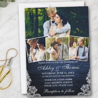 Invitation Dentelle en bois bleu rustique 4 Mariage photo