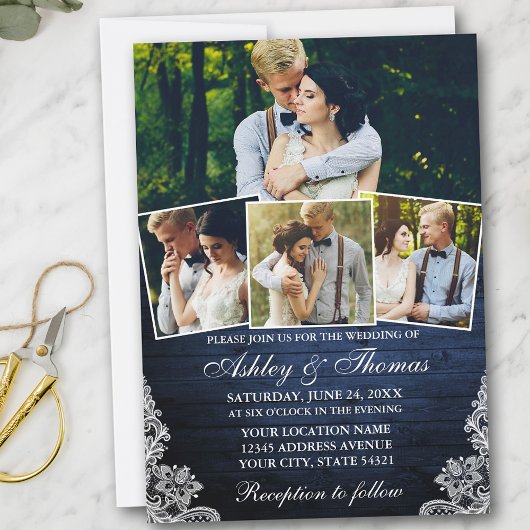 Invitation Dentelle en bois bleu rustique 4 Mariage photo