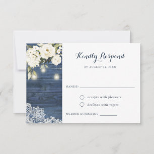 Invitation Dentelle en bois bleu rustique Blanc Floral Mason