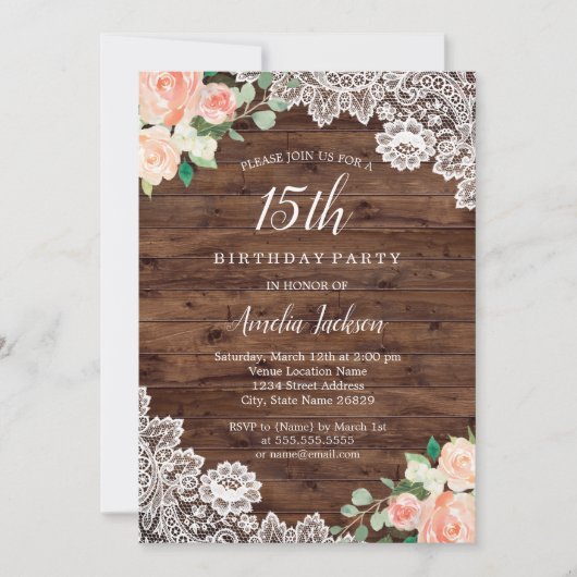 Invitation Dentelle en bois rustique floral 15e anniversaire  (Devant)