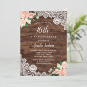 Invitation Dentelle en bois rustique floral 16e anniversaire  (Debout devant)