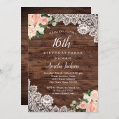 Invitation Dentelle en bois rustique floral 16e anniversaire  (Devant / Derrière)