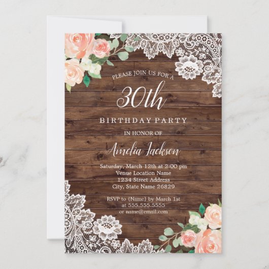 Invitation Dentelle en bois rustique floral 30e anniversaire  (Devant)