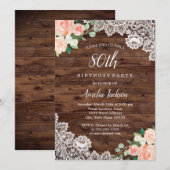 Invitation Dentelle en bois rustique floral 80e anniversaire  (Devant / Derrière)