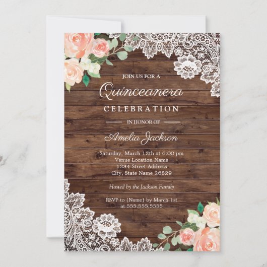 Invitation Dentelle en bois rustique Floral Quinceanera Invit (Devant)