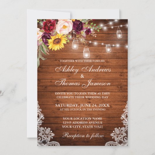 Invitation Dentelle en bois rustique Mariage (Devant)