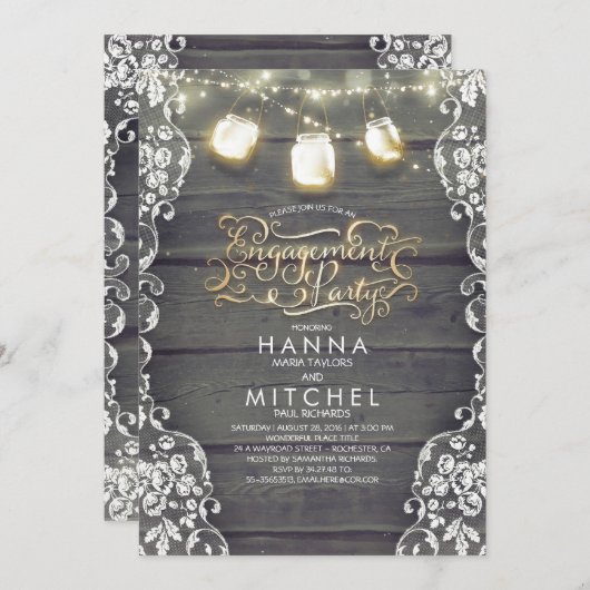 Invitation Dentelle en bois rustique Mason Jar Lights (Devant / Derrière)