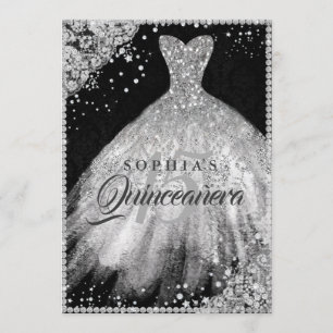 Invitation Dentelle en diamant noir argenté étincelle Quincea