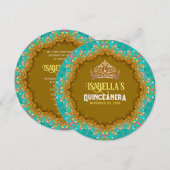 Invitation Dentelle en satin d'or Turquoise & Tiara Quinceañe (Devant / Derrière)