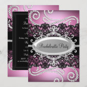 Invitation Dentelle et bijoux en damas rose noir Bachelorette (Devant / Derrière)