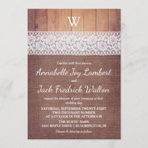 Invitation Dentelle et bois de Burlap Mariage de monogramme