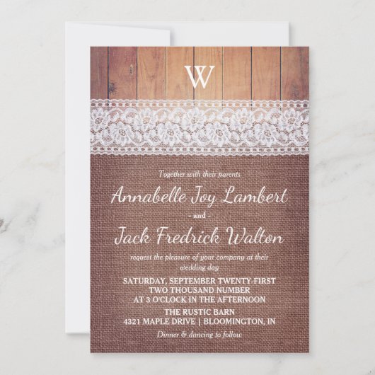Invitation Dentelle et bois de Burlap | Mariage Monogramme ru (Devant)