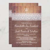 Invitation Dentelle et bois de Burlap | Mariage Monogramme ru (Devant / Derrière)