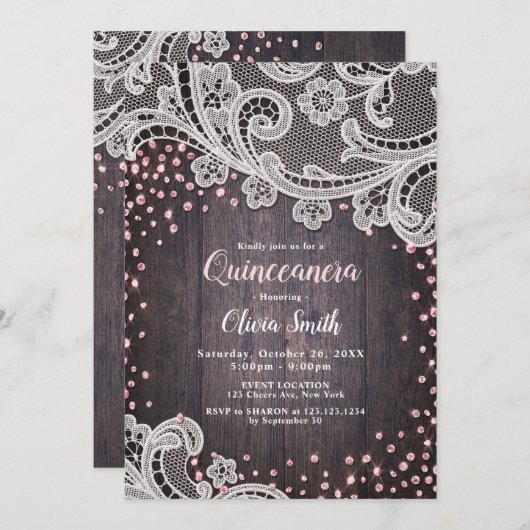 Invitation Dentelle et bois rousse parties scintillant rustiq (Devant / Derrière)