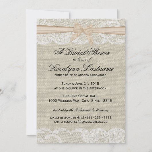 Invitation Dentelle et burlap avec Fête des mariées à bec (Devant)