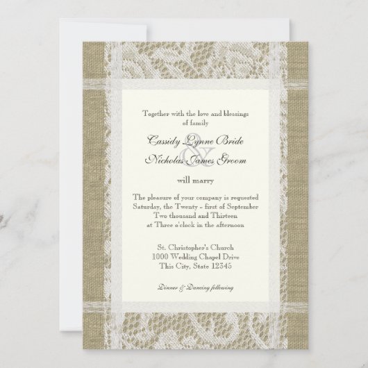 Invitation Dentelle et Burlap Mariage rustique (Devant)