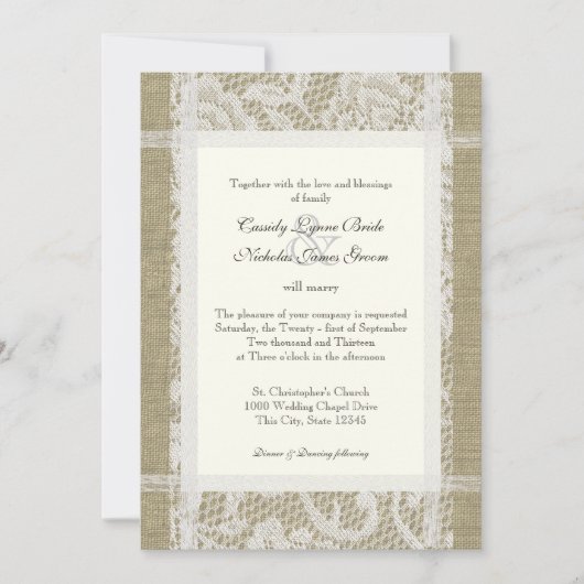 Invitation Dentelle et Burlap Pays Romance 7x5 Mariage (Devant)