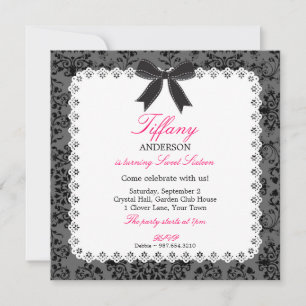 Invitation Dentelle et Damas avec Black Bow Sweet 16 Annivers