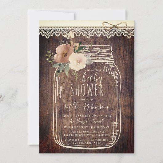 Invitation Dentelle et ficelle rustique | Baby shower Floral  (Devant)