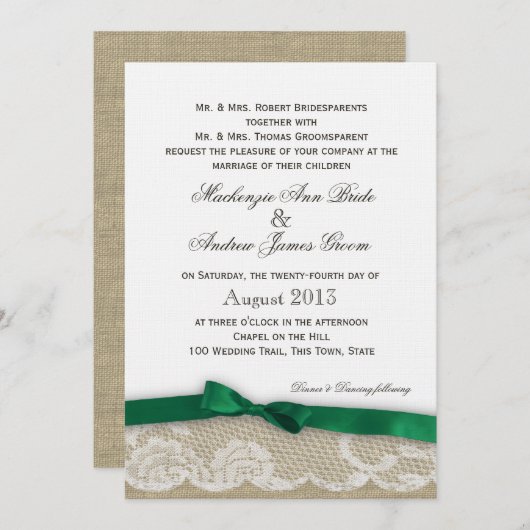 Invitation Dentelle et mariage d'arc de vert vert (Devant / Derrière)