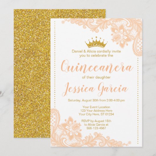 Invitation Dentelle et Parties scintillant d'or Princesse Qui (Devant / Derrière)
