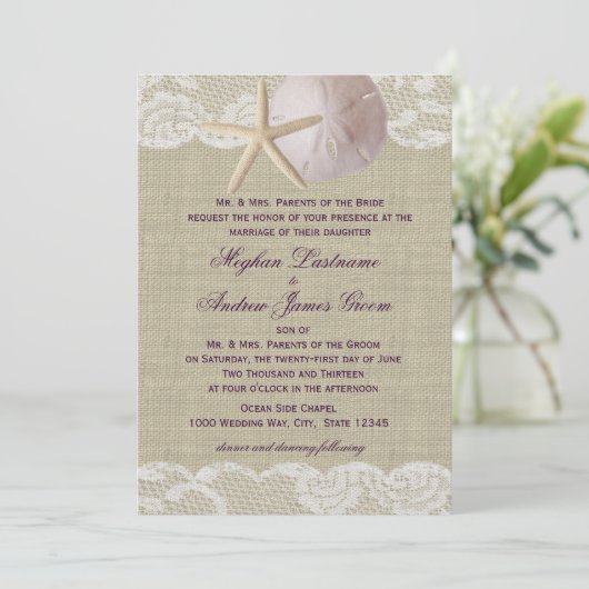 Invitation Dentelle et sable Dollar Beach Mariage (Debout devant)
