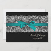 Invitation Dentelle Faux et ruban aqua, mariage noir invite (Devant)