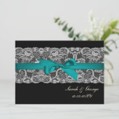 Invitation Dentelle Faux et ruban aqua, mariage noir invite (Debout devant)