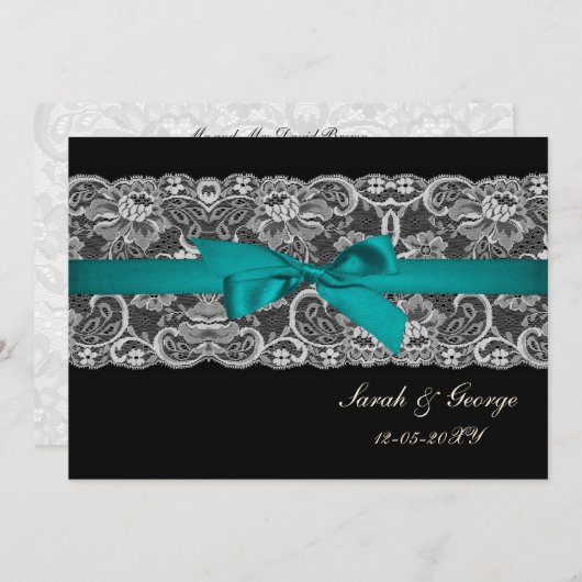 Invitation Dentelle Faux et ruban aqua, mariage noir invite (Devant / Derrière)