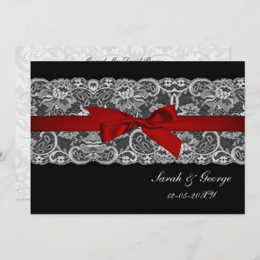 Invitation Dentelle Faux et ruban rouge noir mariage invite (Devant / Derrière)