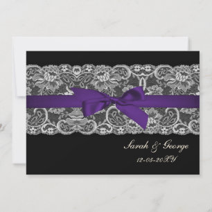 Invitation Dentelle Faux et ruban violet noir mariage invite