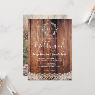 Invitation Dentelle feuille rustique sur mariage photo en boi