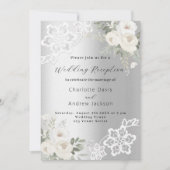 Invitation Dentelle florale blanche en argent accueil de mari (Devant)
