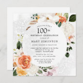 Invitation Dentelle florale blanche orange brûlée 100e annive (Devant / Derrière)