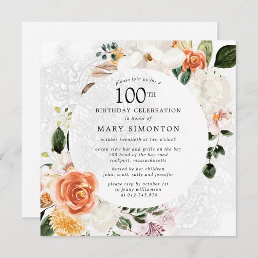Invitation Dentelle florale blanche orange brûlée 100e annive (Devant / Derrière)