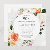 Invitation Dentelle florale blanche orange brûlée 90e anniver (Devant / Derrière)
