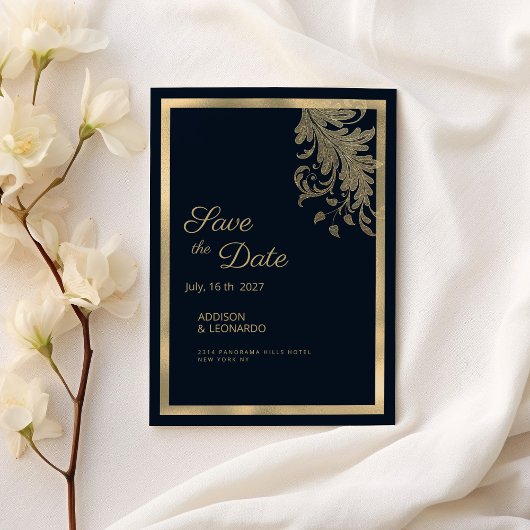 Invitation Dentelle florale bleu marine classique Enregistrer