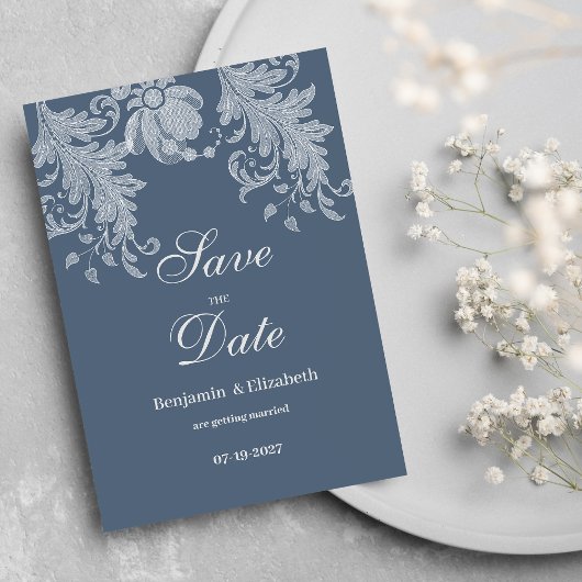 Invitation Dentelle florale bleu mauve simple Enregistrer la