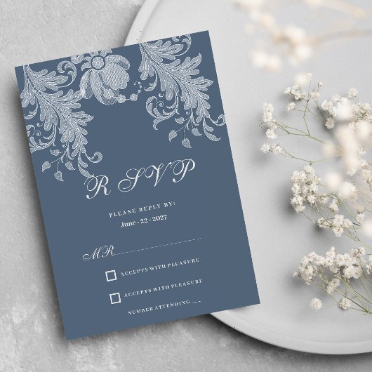 Invitation Dentelle florale bleu mauve simple RSVP