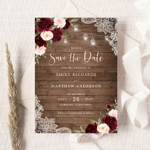 Invitation Dentelle florale Burgundy Bois Sauvez la date