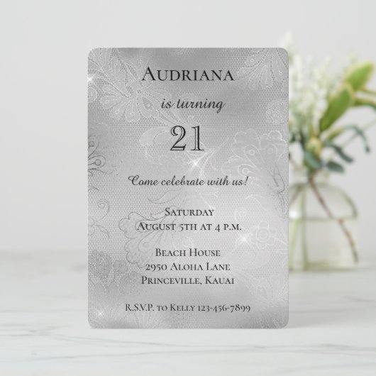 Invitation Dentelle florale d'argent romantique Anniversaire (Debout devant)