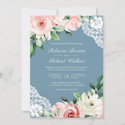 Invitation Dentelle florale Dusty bleu QR Code Mariage (Devant)
