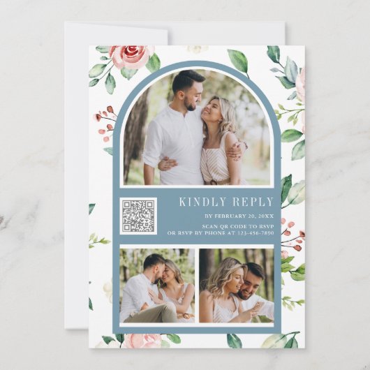 Invitation Dentelle florale Dusty bleu QR Code Mariage (Dos)