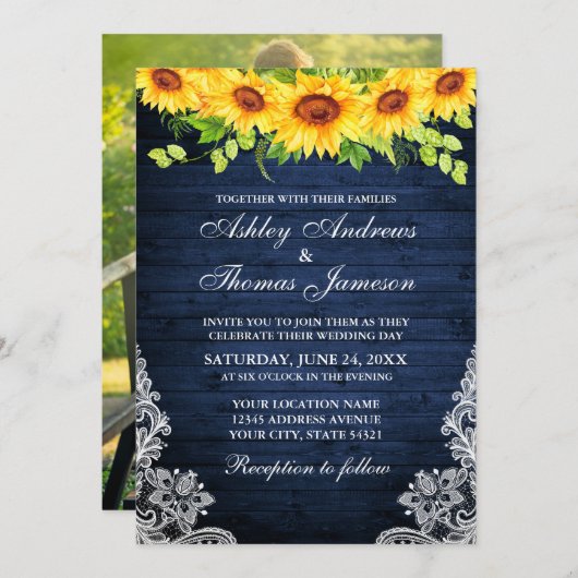 Invitation Dentelle florale en bois bleu rustique (Devant / Derrière)