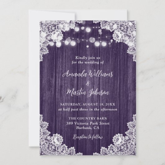 Invitation Dentelle florale en bois violet Mariage rustique r (Devant)