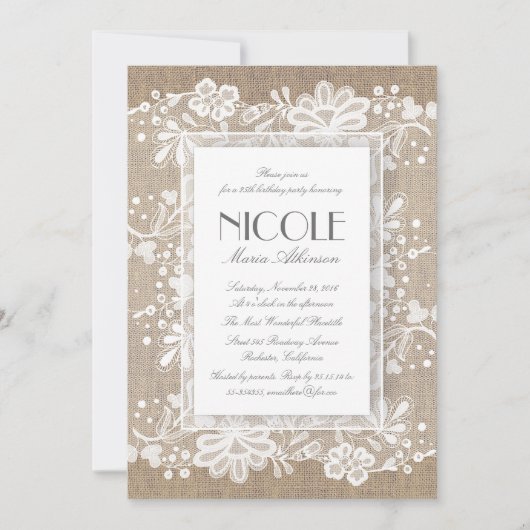 Invitation Dentelle florale et Burlap Élégante fête d'anniver (Devant)