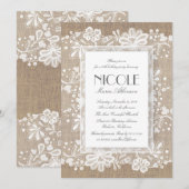 Invitation Dentelle florale et Burlap Élégante fête d'anniver (Devant / Derrière)