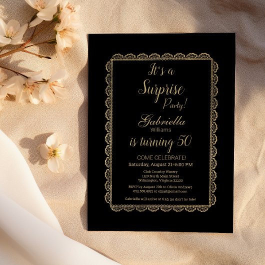 Invitation Dentelle florale noir chic de luxe Surprise Party